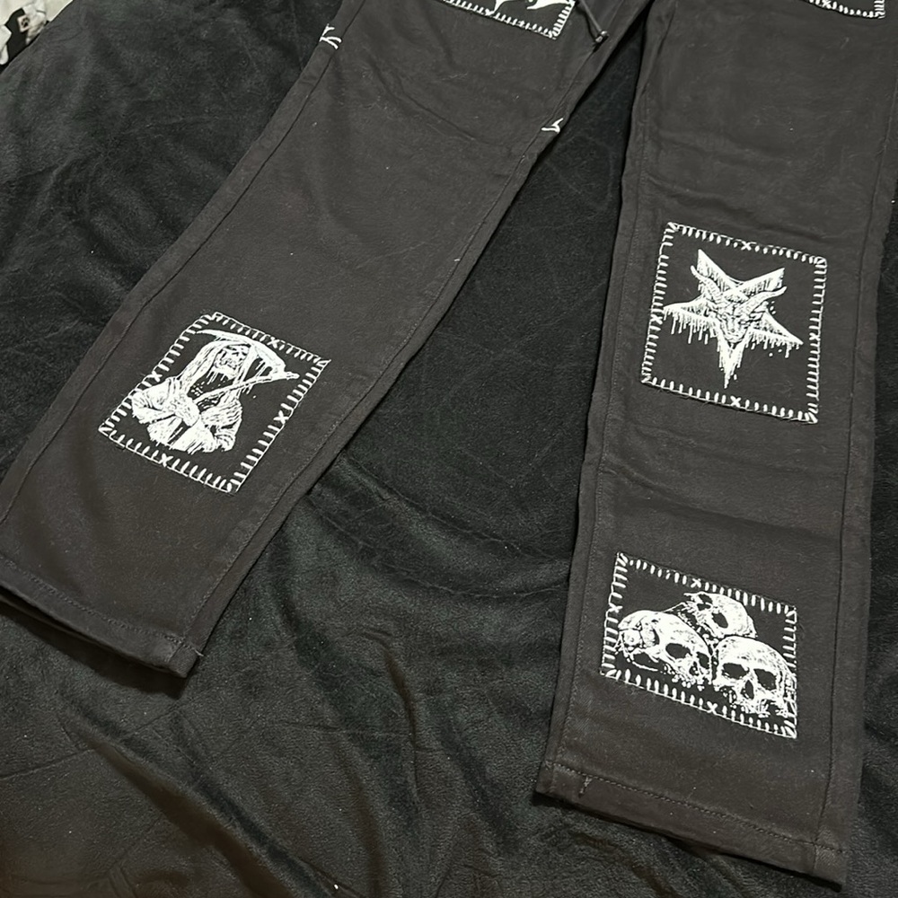 NWT Widow Miss Murder Lace-Up Patch Jeans, Med - Picture 3 of 12